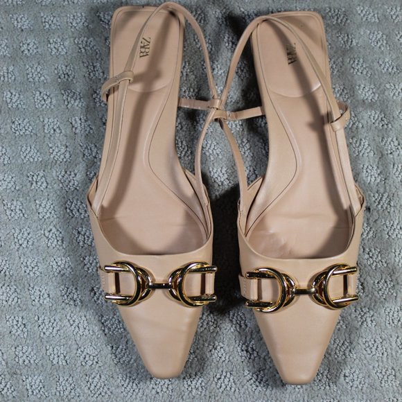 Zara Nude Slingback Flats with Toe Chain - LIKE NEW - Picture 2 of 6